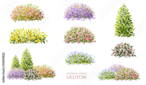 Vector set of four seasons ,watercolor blooming flower tree side view isolated on white background for landscape and architecture drawing,elements for environment or and garden,botanical elem
