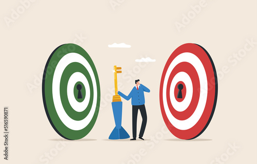 Business goals. Deciding on the choice of goals or target. Concentrate on business objective. A businessman holding a giant key is deciding to aim at a large target.