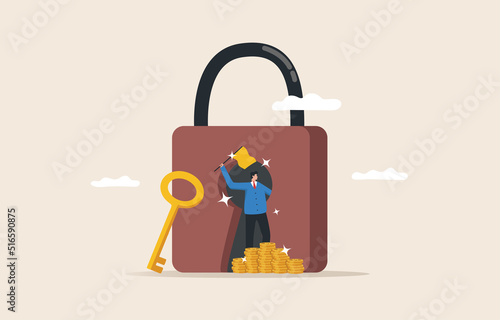 Financial key success. Business or investment wealth grows. unlock solution to make money. Businessman stood in the giant keyhole and waved the flag of victory.