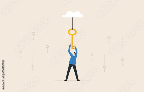 Hanging Keys. The key to success. Being first or being different leads to a goal. Leaders in search of success. A businessman finds the right key.