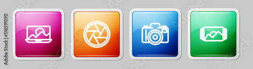 Set line Photo retouching, Camera shutter, camera and frame. Colorful square button. Vector