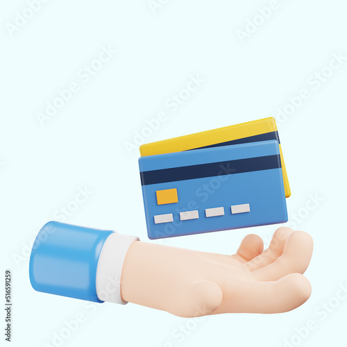 3d illustration of banking icon 3d hand holding debt card or credit card 3d rendering