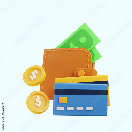 3d illustration of banking icon wallet with money and credit card 3d rendering © Anggel