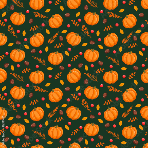 Seamless pattern with autumn pumpkins, leaves, fir cones and red berries. October harvest. Thanksgiving and Halloween. Vector illustration for fabrics, textures, wallpapers, posters, cards.