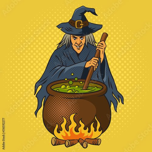 witch brews a potion in a cauldron pop art retro vector illustration. Comic book style imitation.