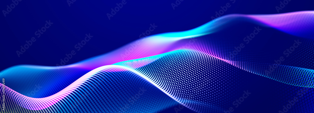 Futuristic dots pattern on dark background. Colored music wave. Big data. Technology or Science Banner. 3D rendering - obrazy, fototapety, plakaty 