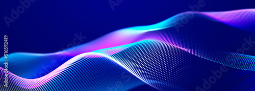 Futuristic dots pattern on dark background. Colored music wave. Big data. Technology or Science Banner. 3D rendering