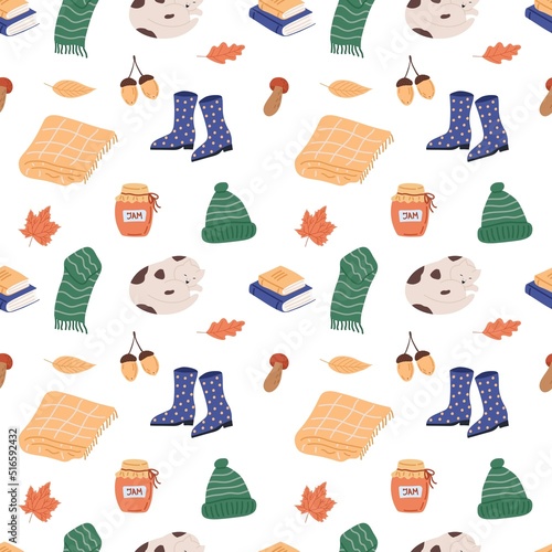 Seamless pattern cozy autumn. Flat vector illustration