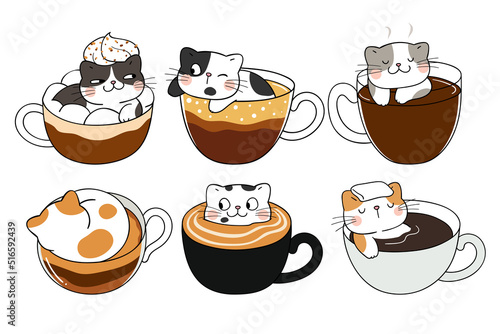 Draw coffee cats Cafe concept Doodle cartoon style