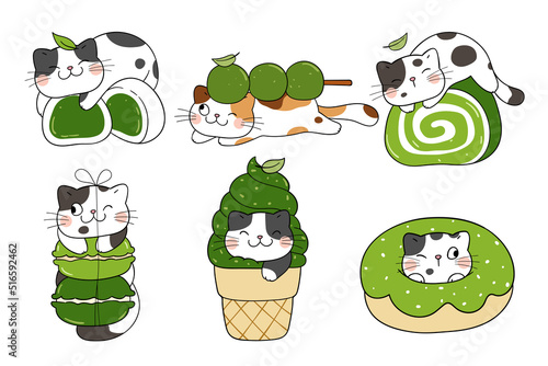 Draw collection sweet cats Matcha dessert concept