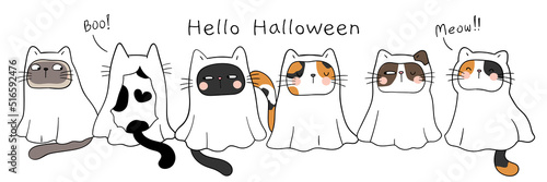 Draw ghost cats for halloween Doodle cartoon style