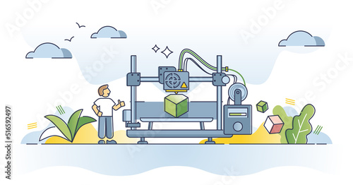 3D printing with three dimensional plastic printer hardware outline concept. Machine for prototype manufacturing and development vector illustration. Futuristic professional peripheral device usage.