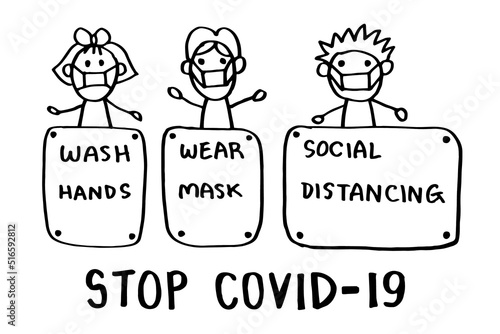 Stop covid 19 kids face cartoon doodle hand draw , black line on white background