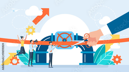 Grand opening concept. The ceremony, celebration, presentation, and event. Opening of the pipeline. Cutting the red ribbon. Pipeline supply of gas, oil, gasoline. Vector flat business illustration.