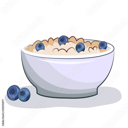 oatmeal or rice porridge in a plate with blueberries. good morning, diet dish breakfast. vector flat stock illustration isolated on white
