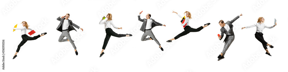 Emotional office workers in business suits with folders, coffee, tablet in motion, action isolated on white background. Collage, set. Business, work, job, career