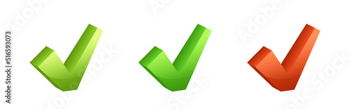 Green check mark. 3d tick. Vector check mark isolated on white background.	
