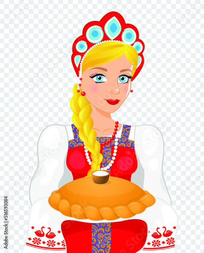 A beautiful Russian girl, a blonde woman in a national costume, in a kokoshnik, with a long braid, blue eyes and a loaf in her hands. Isolated vector illustration on a transparent background