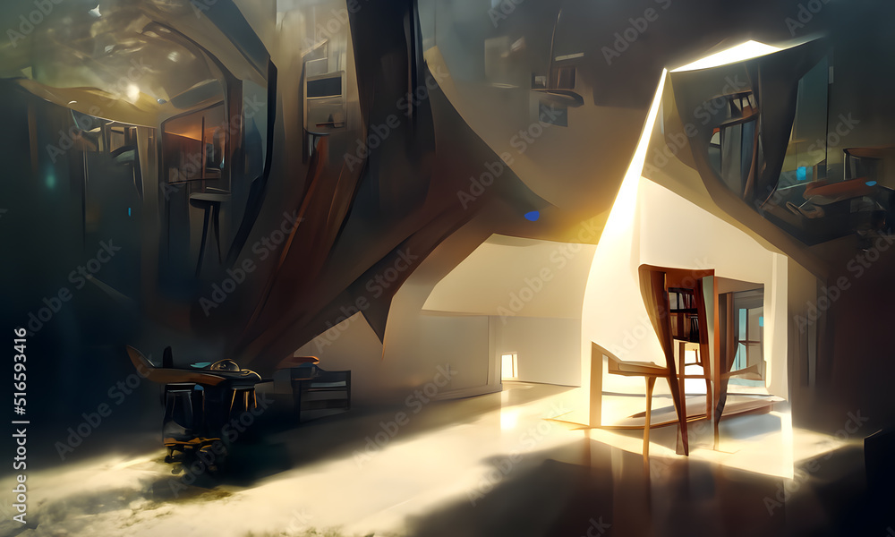 Artistic painting conception of a futuristic modern living room interior. Natural colors, digital art style, illustration painting. Artistic painting conception of a futuristic modern living room interior. Natural colors, digital art style, illustration painting.