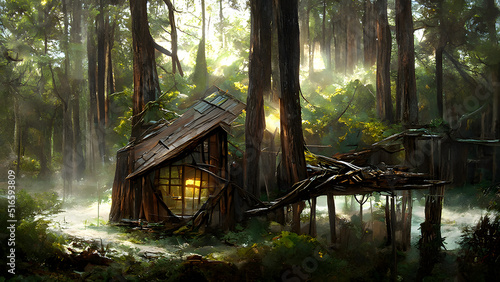 An artistic house in the middle of the forest. Trees in background. Scary atmosphere. Natural colors, illustration painting.