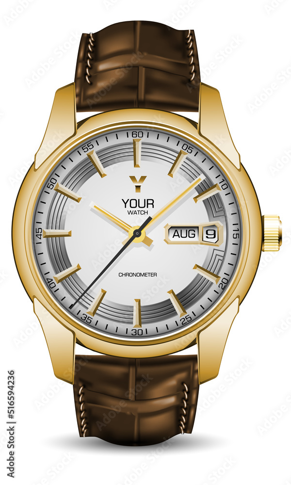 Realistic watch face gold leather strap brown on white design classic luxury vector Realistic watch face gold leather strap brown on white design classic luxury vector