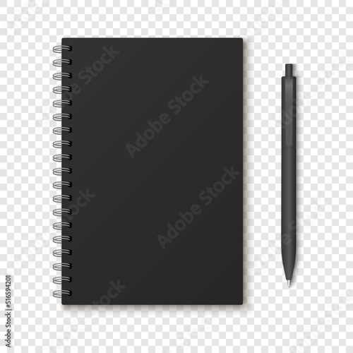 Mockup blank closed notepad  isolated on white background.  Template spiral copybook or organizer. White and black pen.