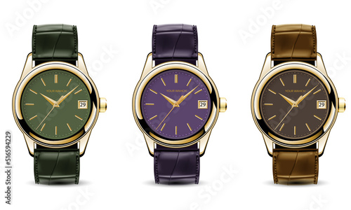 Realistic watch clock gold leather strap green purple brown collection on white design classic luxury vector