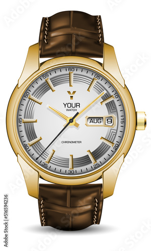 Realistic watch face gold leather strap brown on white design classic luxury vector