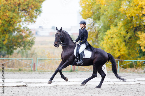 Young horse rider girl on her advanced dressage test in equestrian competition