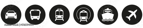 Set of standard transport symbols in black circles. Isolated on white background. Vector eps10