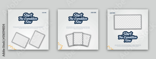 Start the expedition now travel agency social media editable post template design set of web banner. web banner ads for travel promotional posts for social media ads.