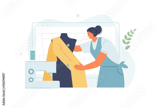 Woman seamstress working with a mannequin. Tailor technologist, clothes designer in working studio. Atelier service