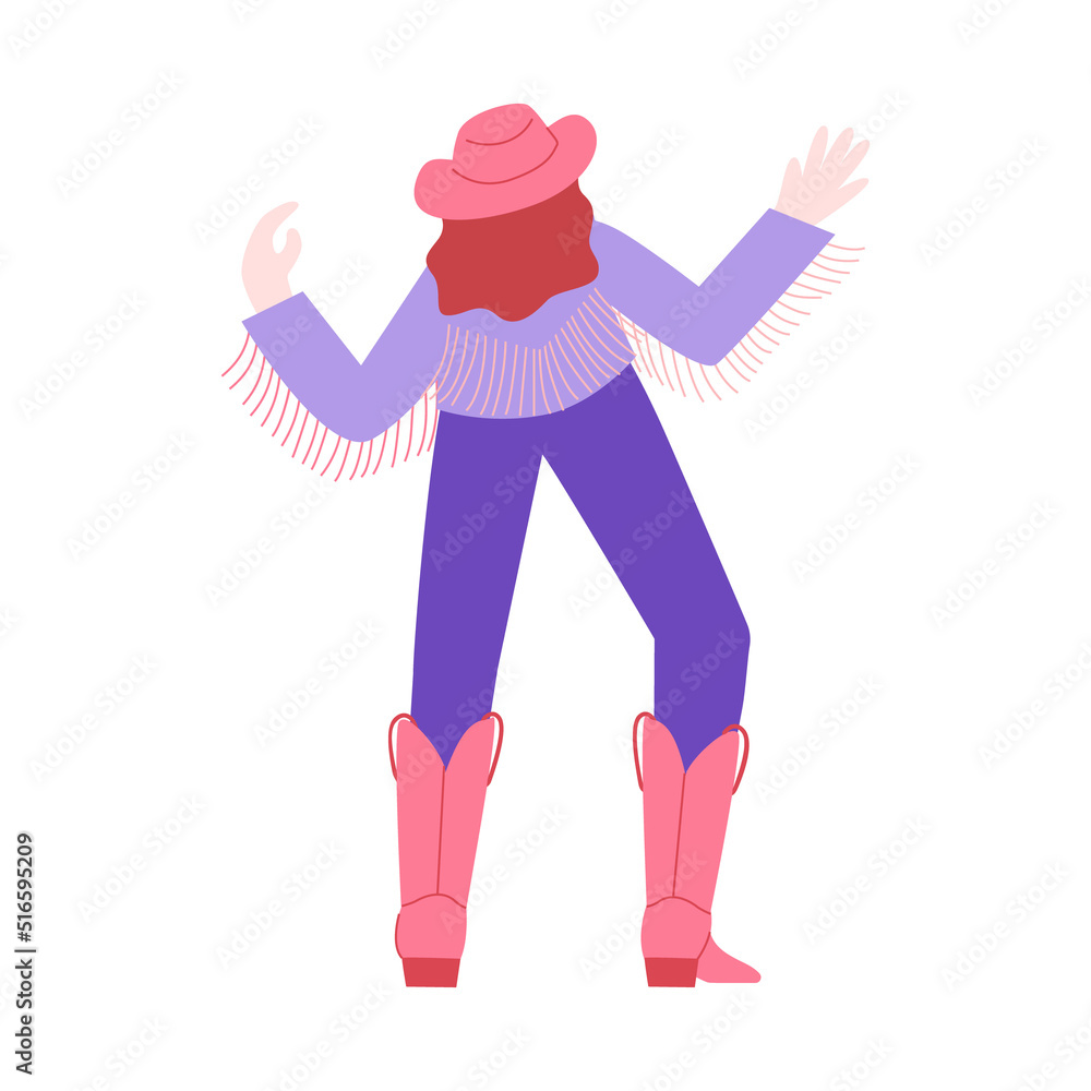 Cute cowboy girl dancing on isolated background. Vector flat illustration with cowgirl in jacket with fringe, hat and pink boots. 