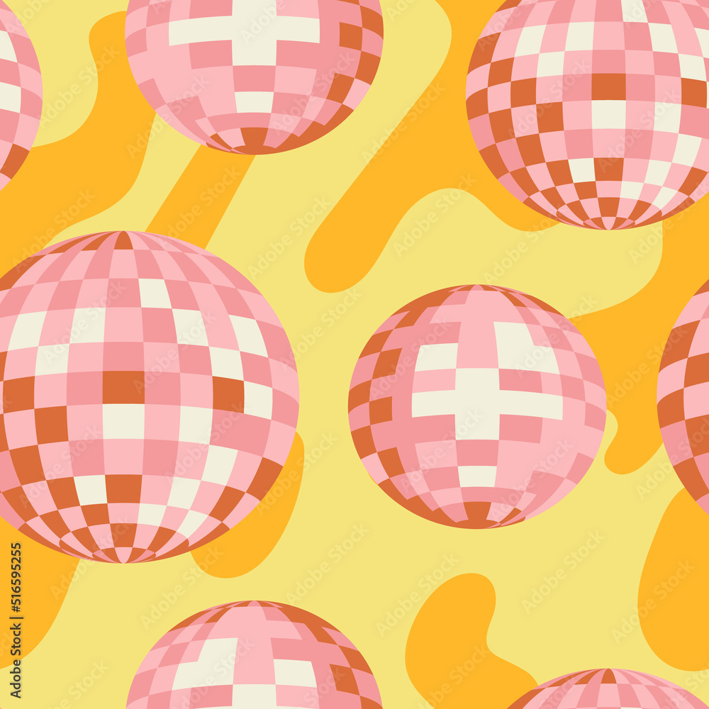 Seamless vector pattern with pink disco balls on wavy yellow background.  Party, celebration psychedelic concept. Stock Vector