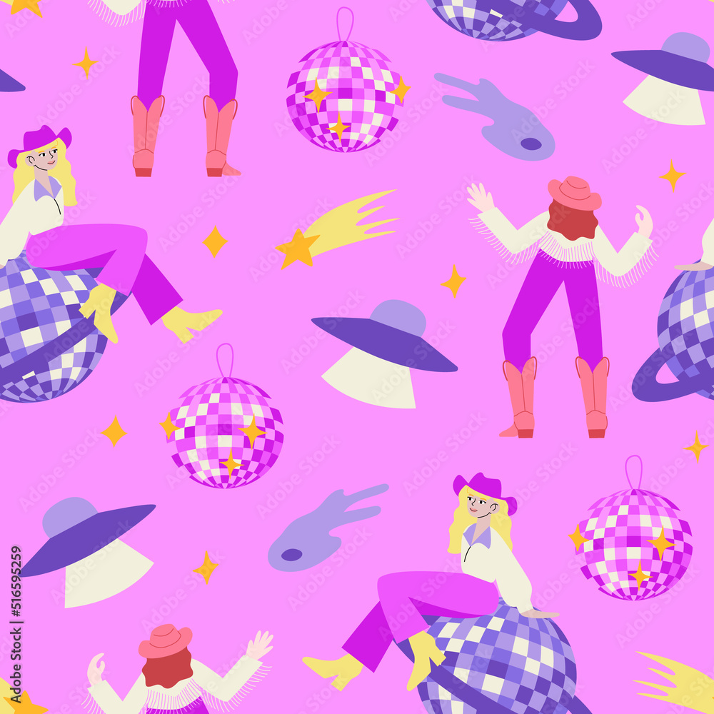 Seamless pattern with cowgirls, disco balls, alien ship and stars ...