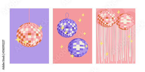 Set of holiday party posters with disco balls, stars and tinsel. Vector flat illustration. 