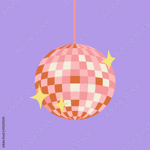 Pink disco ball with stars. Vector flat illustration on purple isolated background. Template for greeting cards, posters