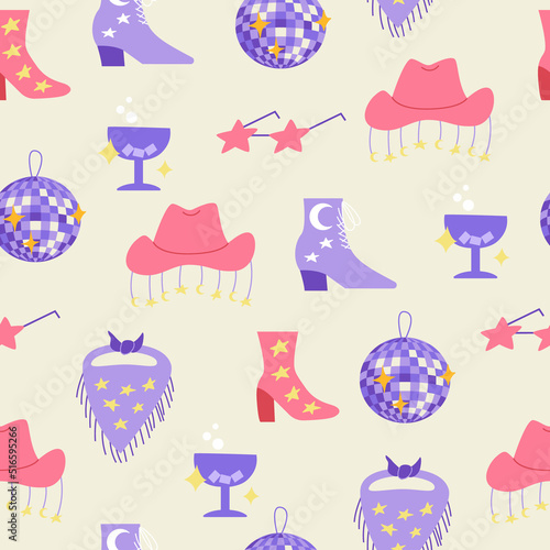 Seamless pattern with cowboy and disco accessory. Cowgirl boots, hat, bandana with stars and fringe, star shape sunglasses, disco ball and cocktail. Vector background in disco style. 
