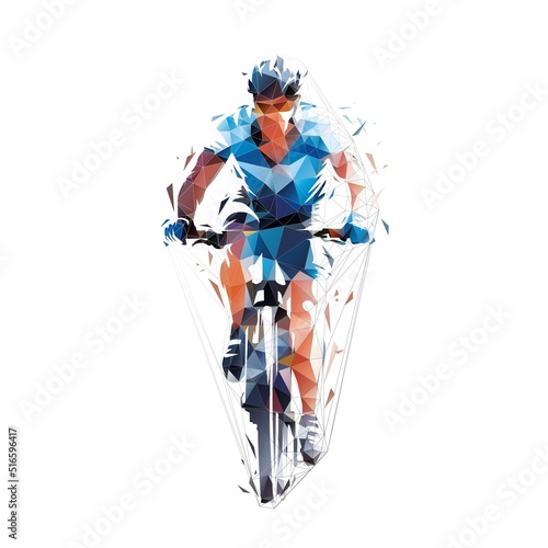Mountain biking, cycling logo. Abstract low polygonal isolated vector illustration, geometric drawing from triangles. Biker, front view. Eletric bike