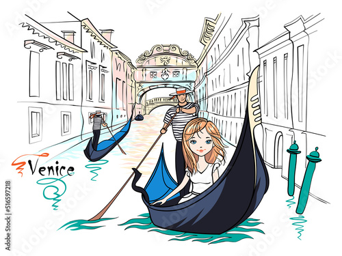 Cute beautiful fashion white girl in gondola, Venice, Italia. Bridge of Sighs in the background
