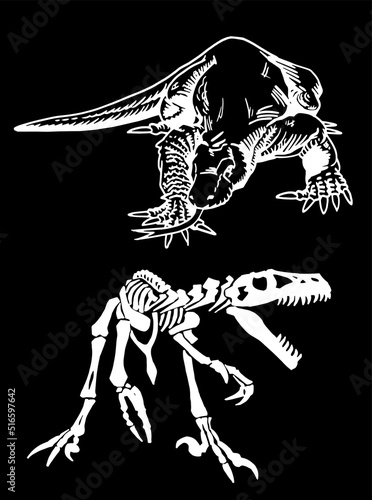 Vector skeleton of dinosaur and varan isolated on black,graphical set of two