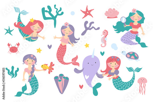 Vector set of cute mermaids and sea plants. Funny cartoon characters and corals are isolated on white. Summer clipart with mermaid girls EPS