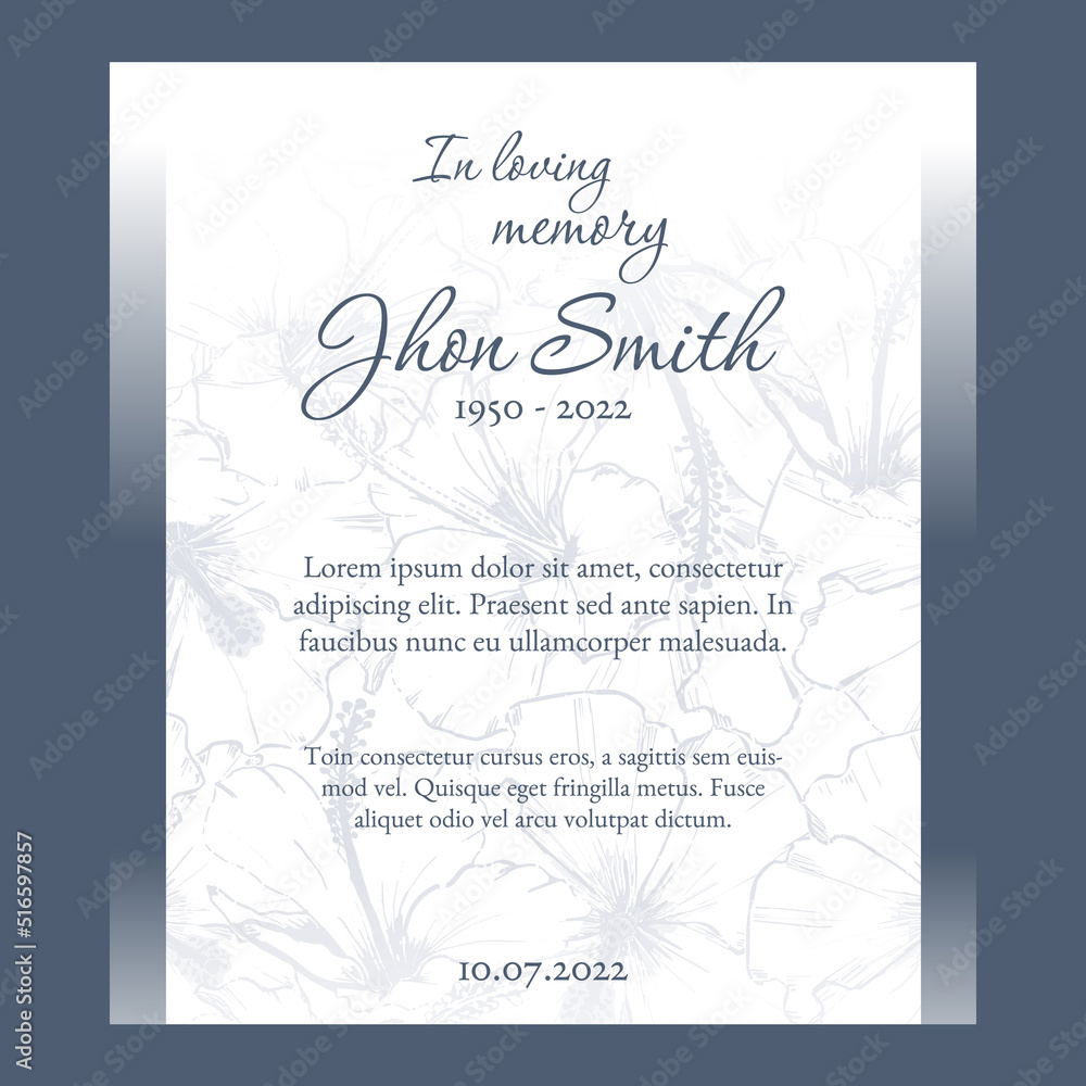 funeral card template with blue floral background illustration