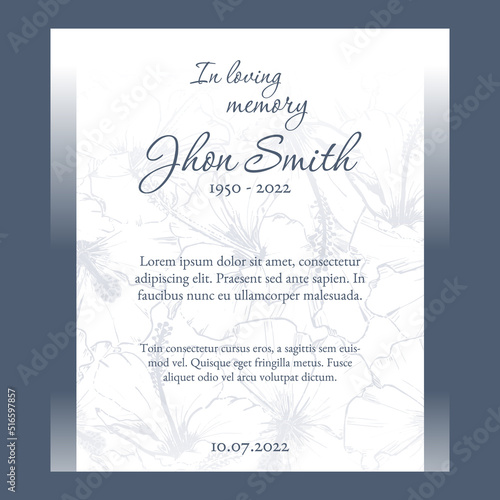 funeral card template with blue floral background illustration photo