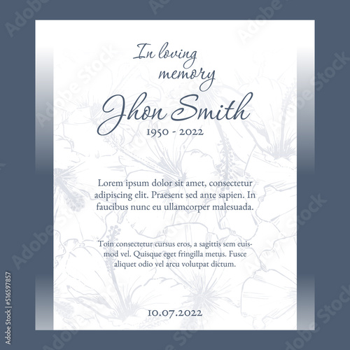 funeral card template with blue floral background illustration