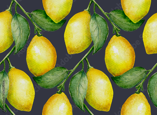 Watercolor seamless pattern of ripe yellow lemons with leaves and lemon tree branch on dark blue background