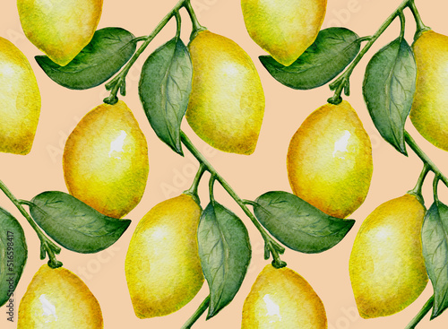 Watercolor seamless pattern of ripe yellow lemons with leaves and lemon tree branch on light beige background