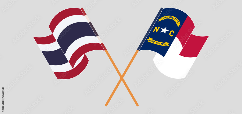 Crossed flags of Thailand and The State of North Carolina. Official colors. Correct proportion Crossed flags of Thailand and The State of North Carolina. Official colors. Correct proportion
