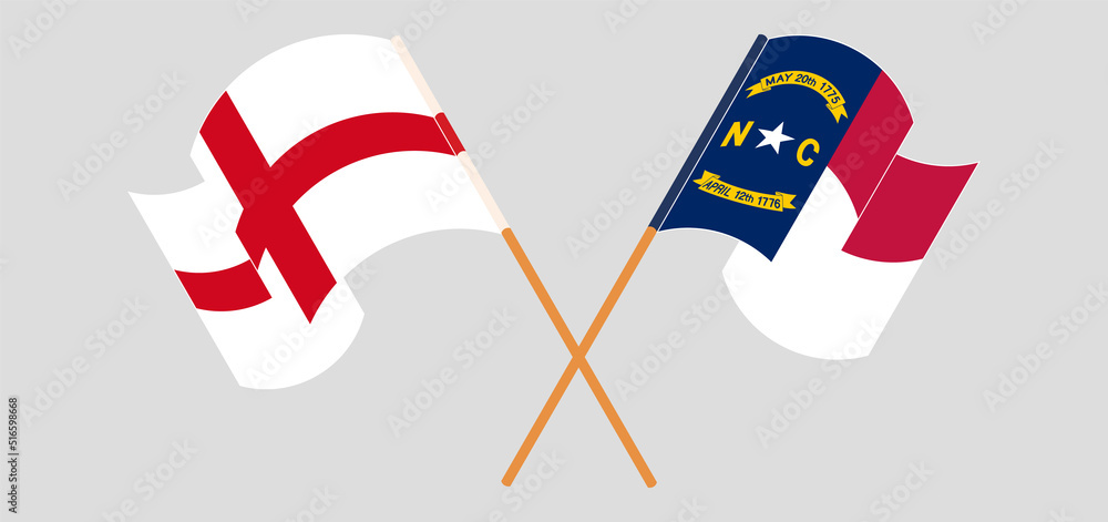 Crossed flags of England and The State of North Carolina. Official colors. Correct proportion Crossed flags of England and The State of North Carolina. Official colors. Correct proportion