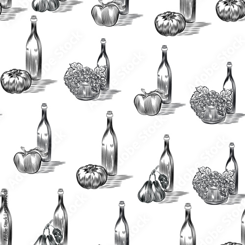 bottle of Wine, cider, drink vector seamless pattern isolated on white background. Concept for menu, cards, print, cafe